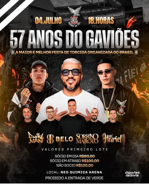 Gaviões da Fiel celebra 57 anos com Sorriso Maroto, Belo e MC Hariel na Neo Química Arena